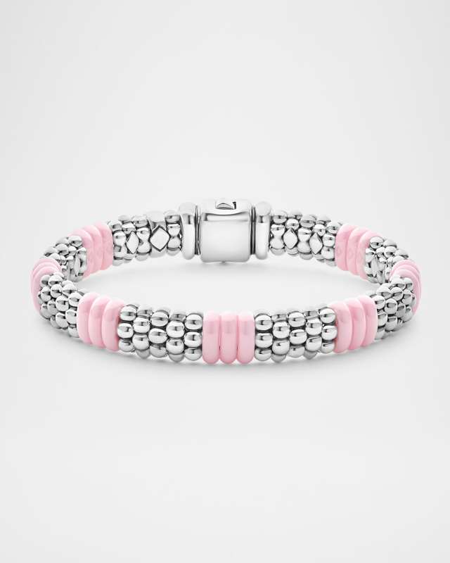 Signature Silver and 18K Gold Caviar Rope Bracelet with Pink Ceramic Stations, 9mm